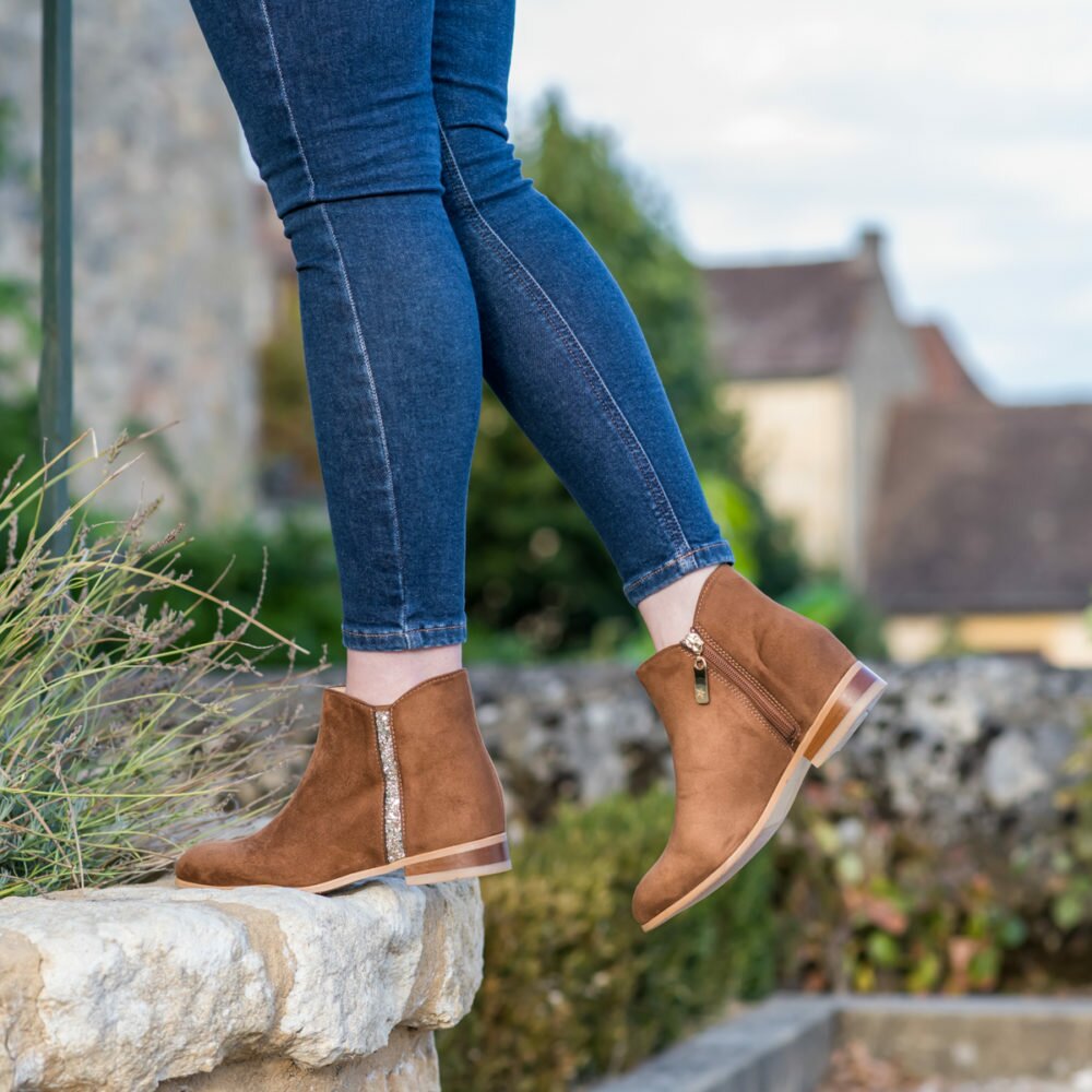 Bottines plates femme écologiques vegan d'occasion Nymphe marron noisette l'Aurore par Minuit sur Terre